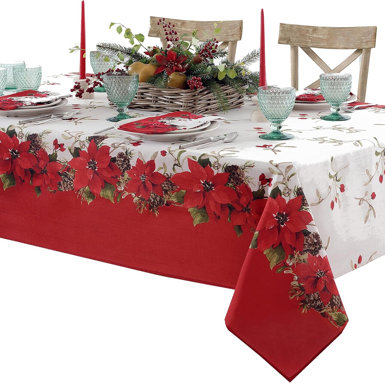 Christmas Blooming Poinsettia’s Double Bordered 60 x 102 inch Rectangle Fabric Tablecloth, Holiday Red and White Poinsettia Dining Table Cover